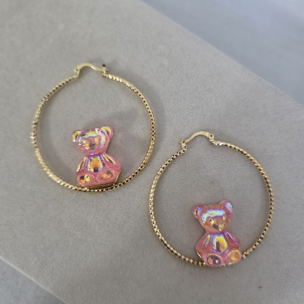 Gold Filled Hoop Earrings with Iridescent Pink Teddy Bear